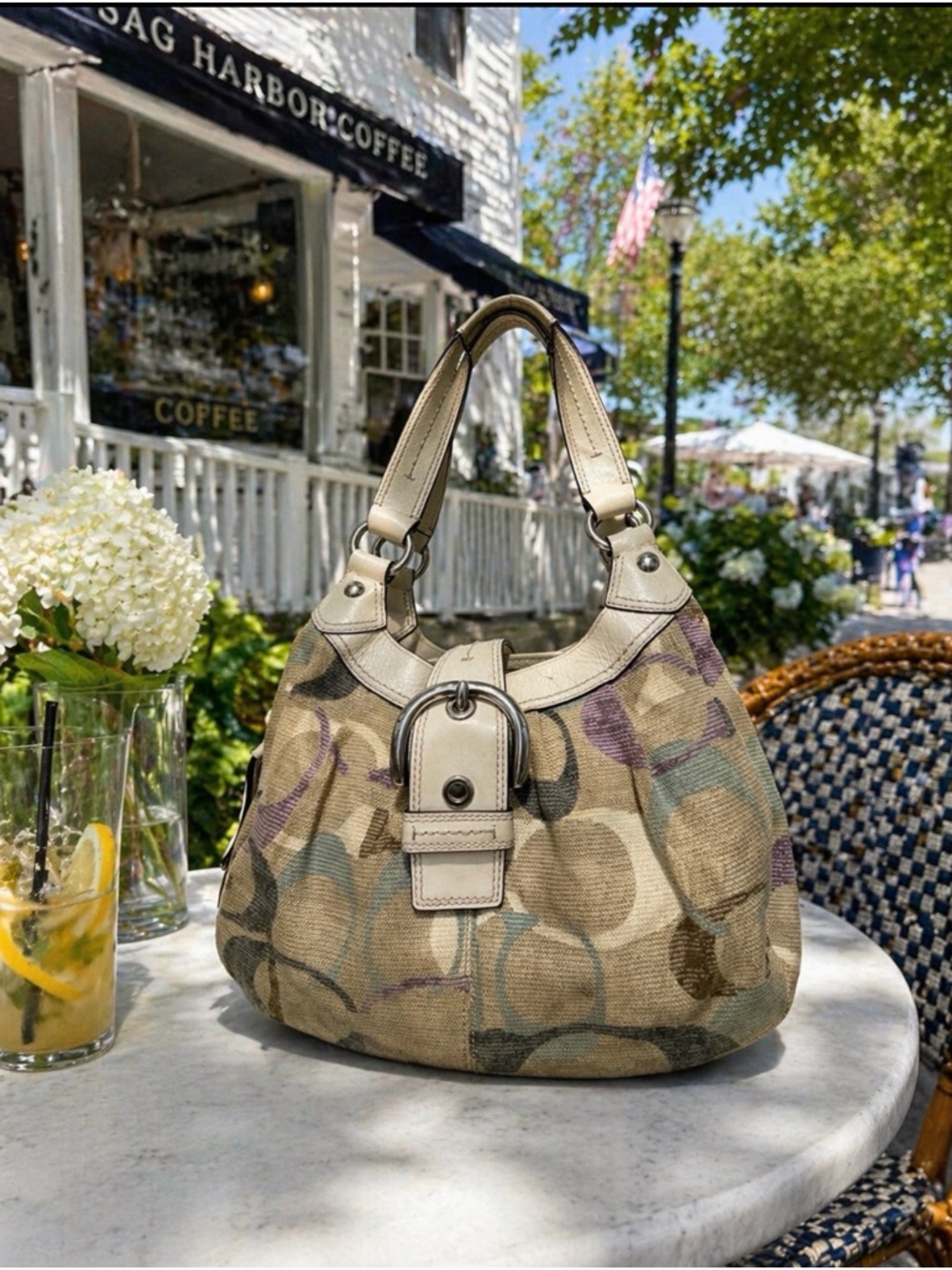 Coach Beige Signature Canvas Shoulder Bag with Leather Trim